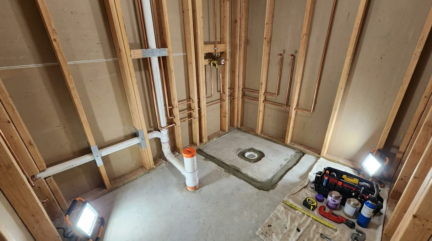 Bathroom rough-in plumbing during remodel by Johns Plumbing LLC in Cathlamet