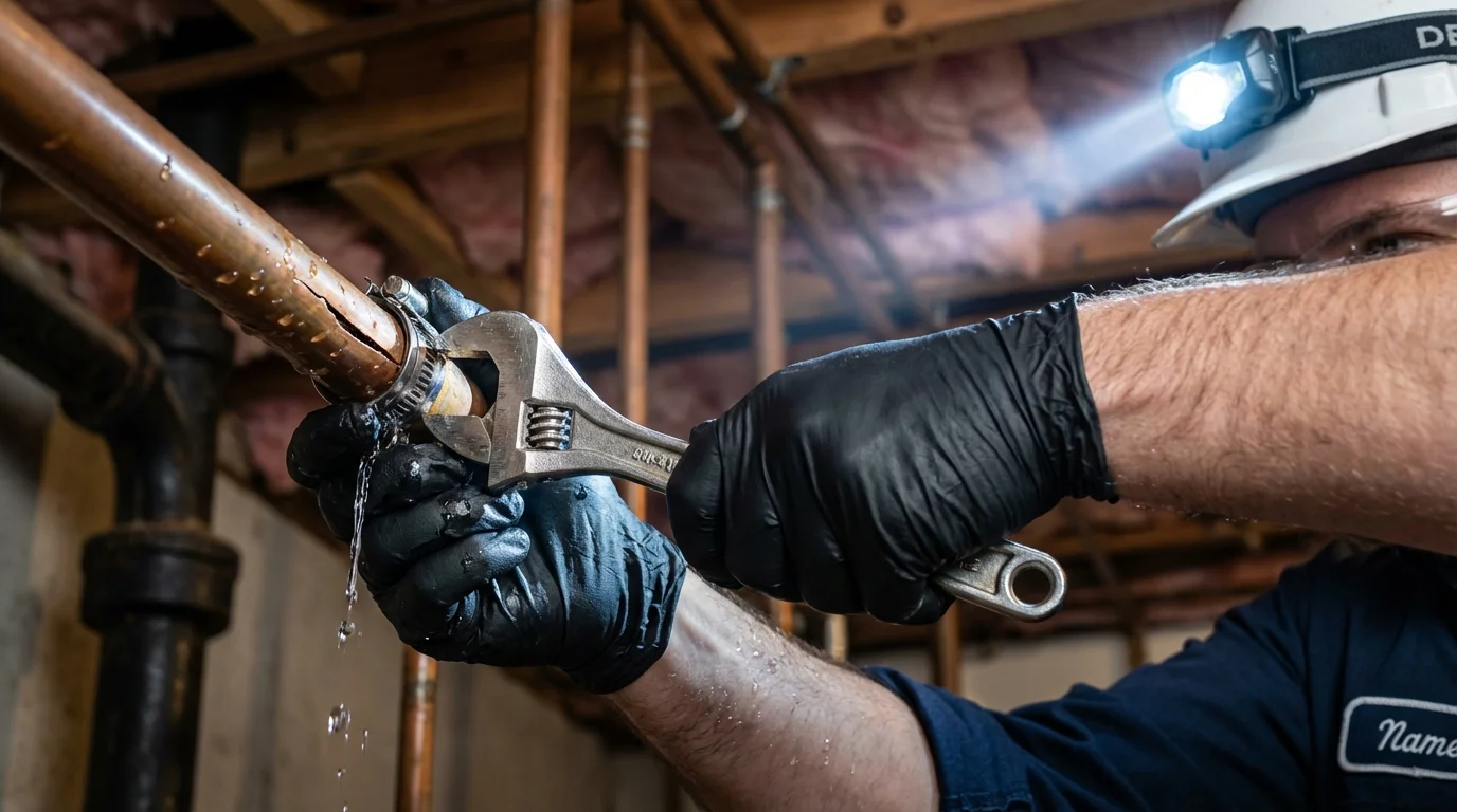 Emergency pipe clamp repair being performed by a Johns Plumbing LLC plumber in Cathlamet