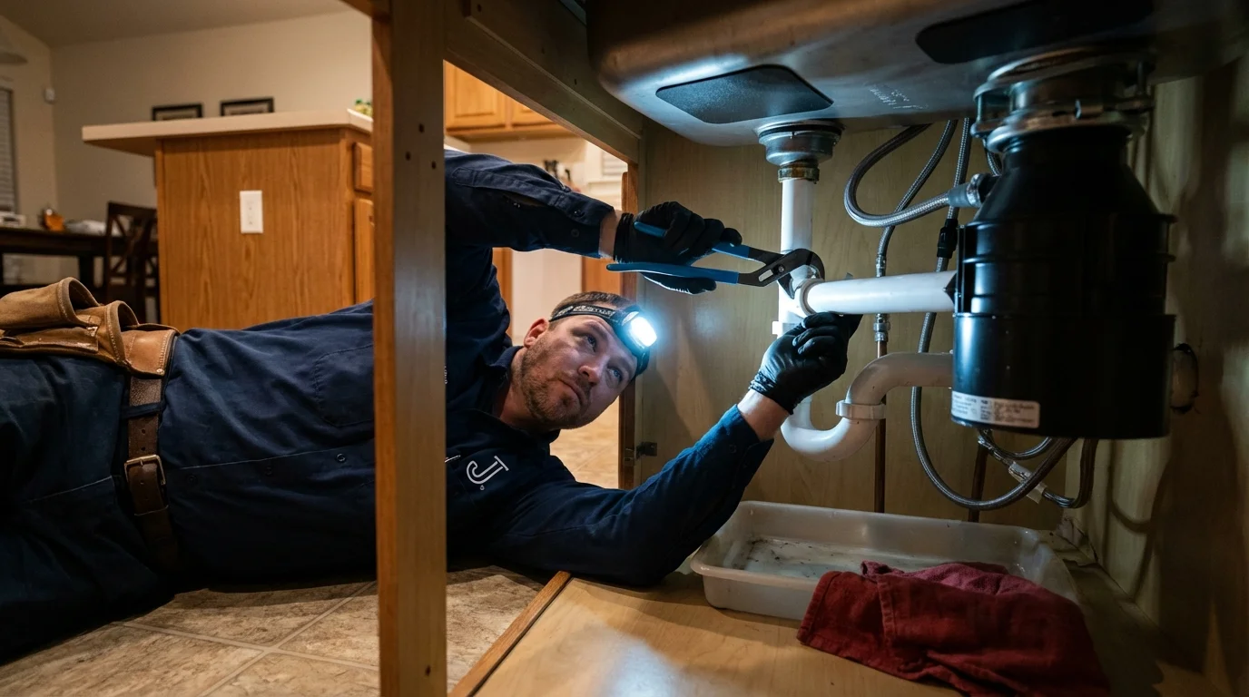 P-trap and supply line connections under a kitchen sink showing a common leak point in Cathlamet, WA